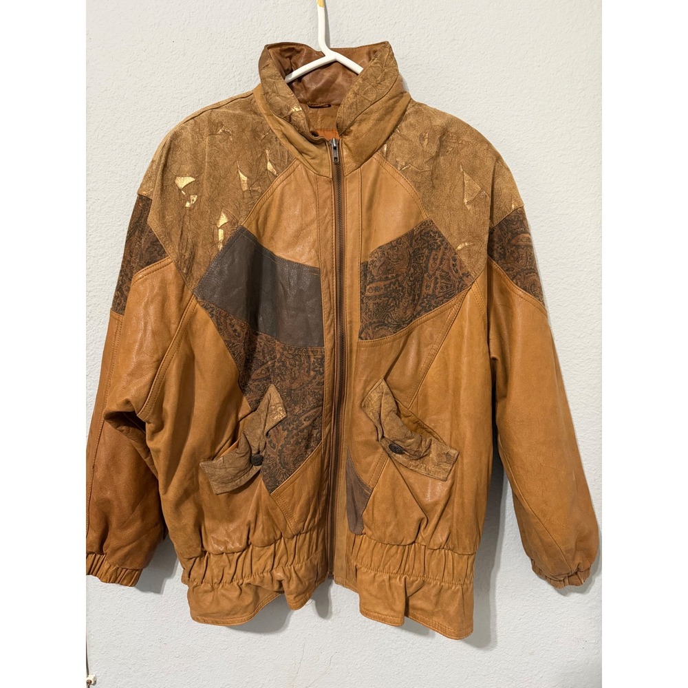 Vintage 80s Otello Pelle Leather Bomber Jacket L Patchwork Paisley Metallic Gold